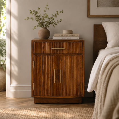 Milan Velvet Mocha Mango Wood Nightstand – 19.7" Fluted Bedside Cabinet with Brass Handles