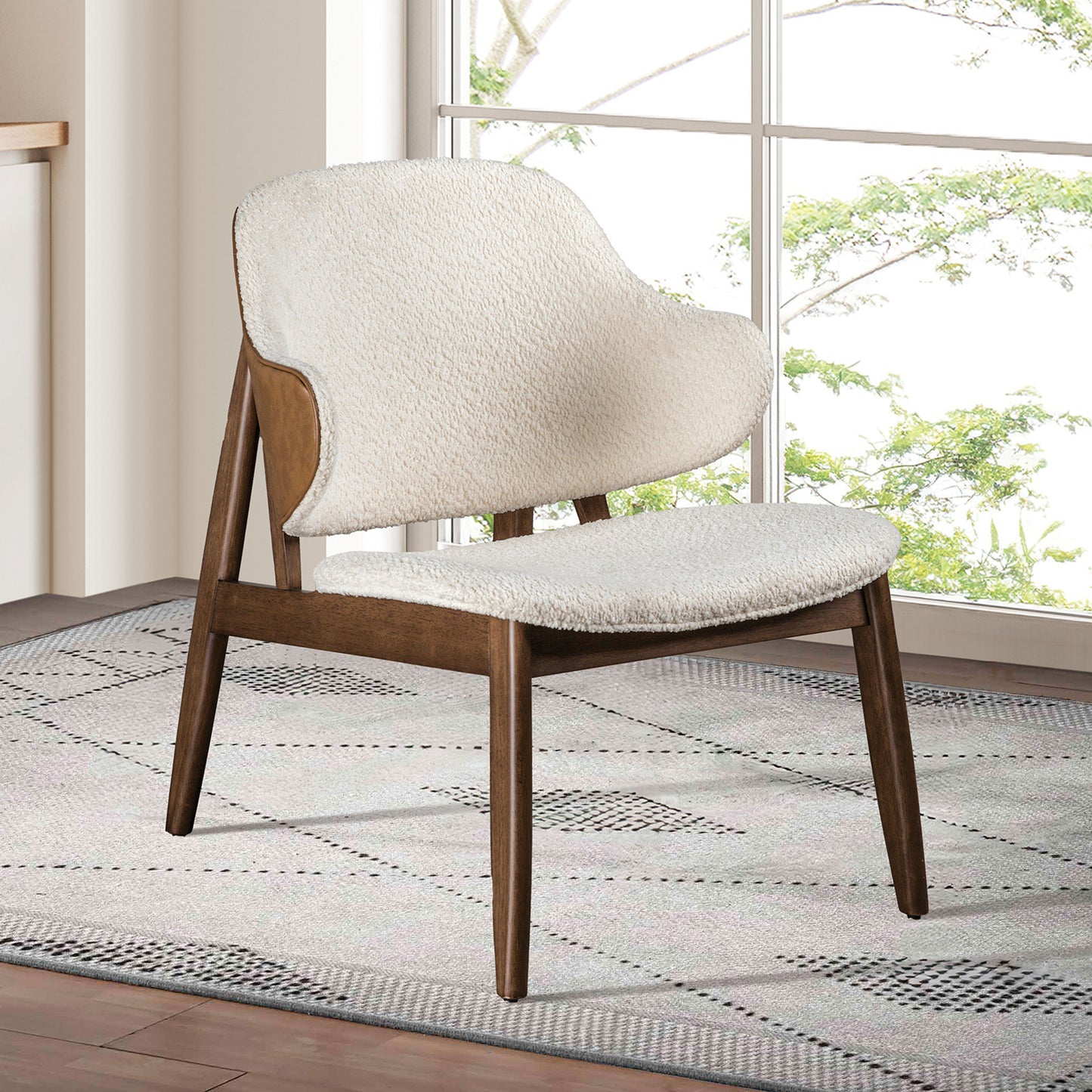Arbor Beige Boucle Wingback Accent Chair – 23" Mid-Century Modern Chair, Walnut Finish