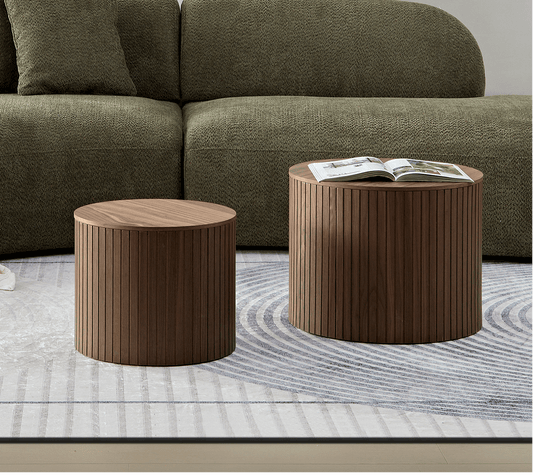 Handcrafted MDF Round Accent Table Set (2-Piece) – Nesting Side Tables with Storage (2 Colors) on a stylish rug.