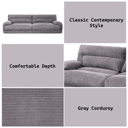 Cadenza Contemporary Gray Corduroy Sofa – Modern Oversized Corduroy Couch (2 Sizes) in gray corduroy fabric.