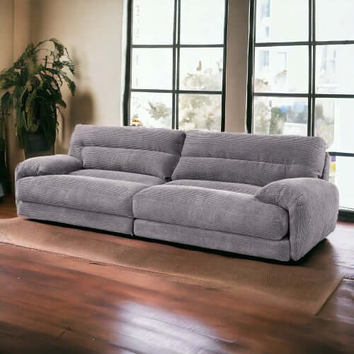 Cadenza Contemporary Gray Corduroy Sofa – Modern Oversized Corduroy Couch (2 Sizes) in a stylish living room setting.