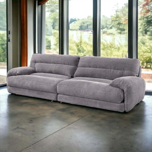 Cadenza Contemporary Gray Corduroy Sofa – Modern Oversized Corduroy Couch (2 Sizes) in a stylish living room setting.