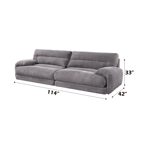 Cadenza Contemporary Gray Corduroy Sofa – Modern Oversized Corduroy Couch (2 Sizes) with dimensions.