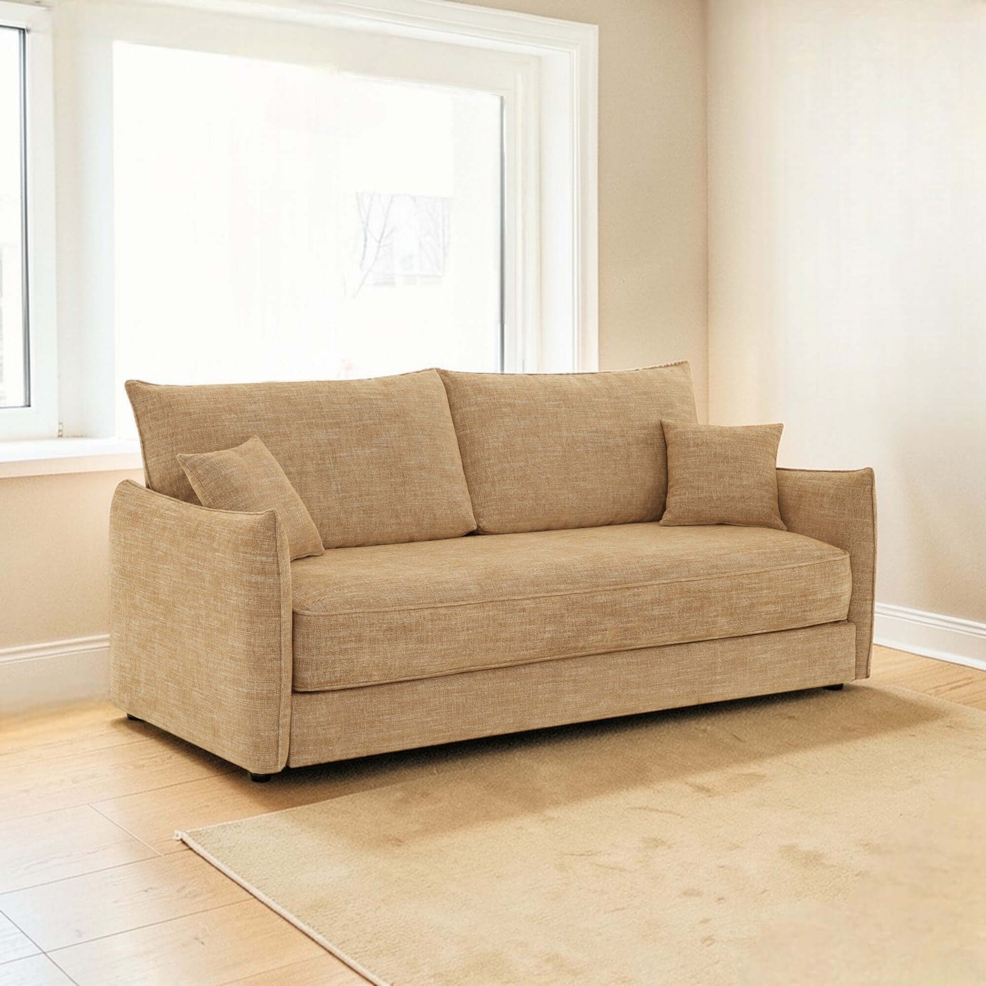 Cadie Mocha Chenille Sleeper Sofa – 84” Convertible Sofa Bed with 2 Pillows in a modern living room setting.