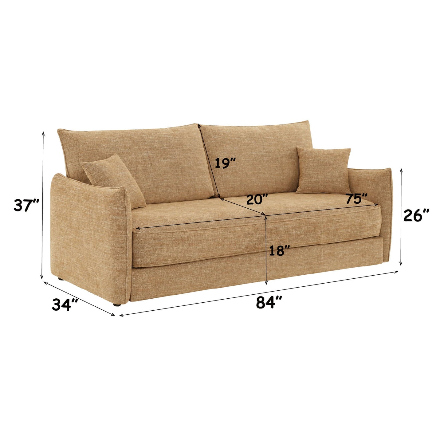 Cadie Mocha Chenille Sleeper Sofa – 84” Convertible Sofa Bed with 2 Pillows dimensions and design features.