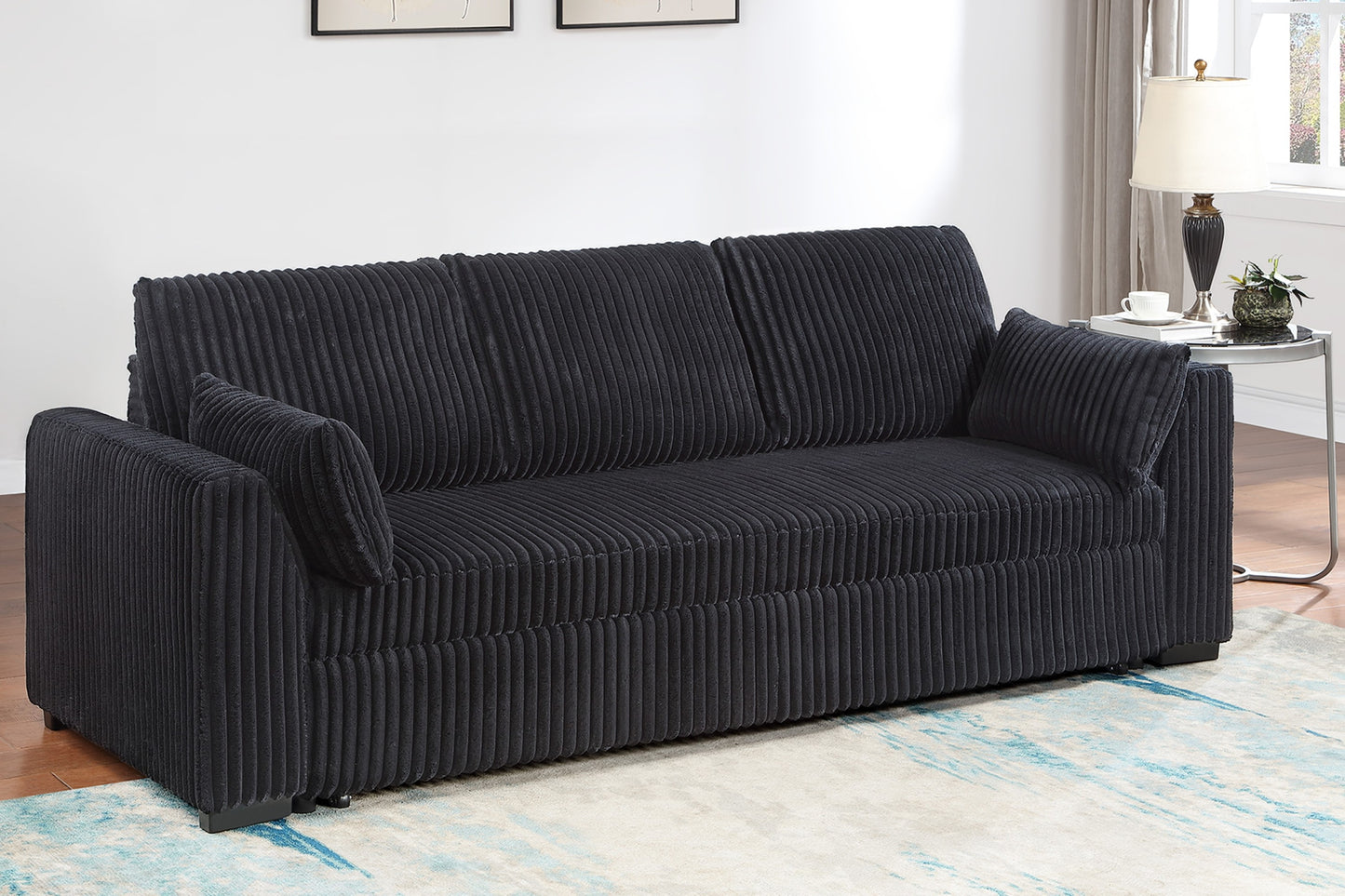 Callan Convertible Sleeper Sofa – Black Corduroy, Pull-Out Bed