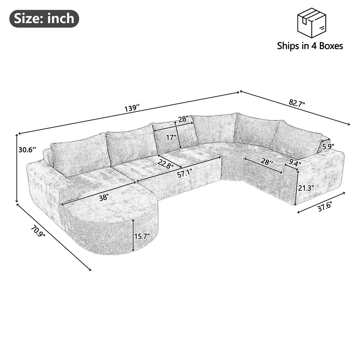 Callan Oversized Modular Sectional Sofa – 139" U-Shaped Chenille Sofa – view 13