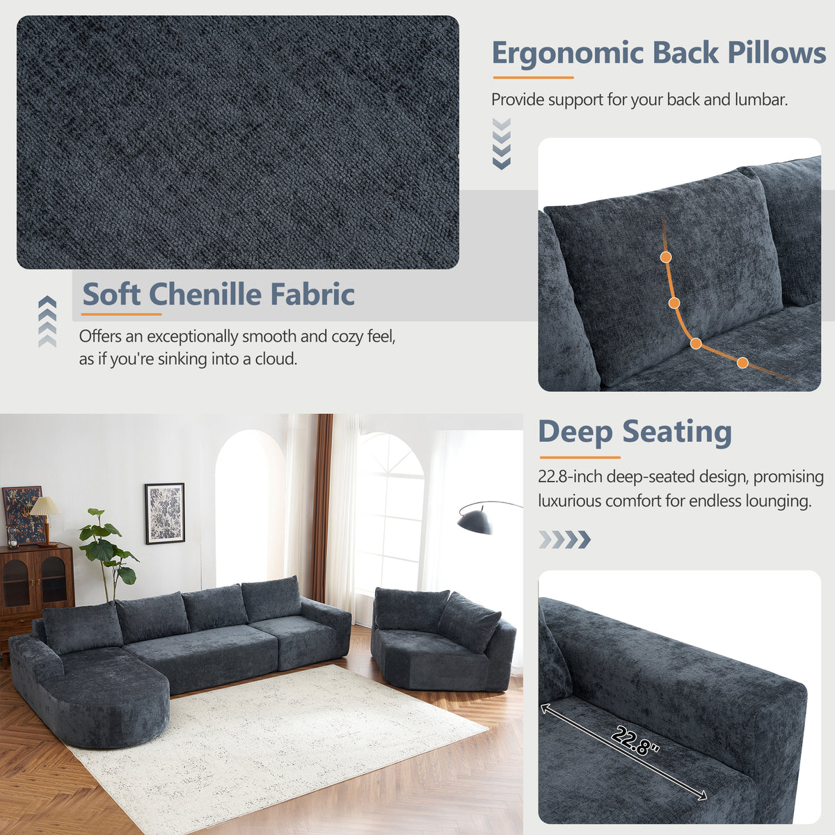 Callan Oversized Modular Sectional Sofa – 139" U-Shaped Chenille Sofa – view 16