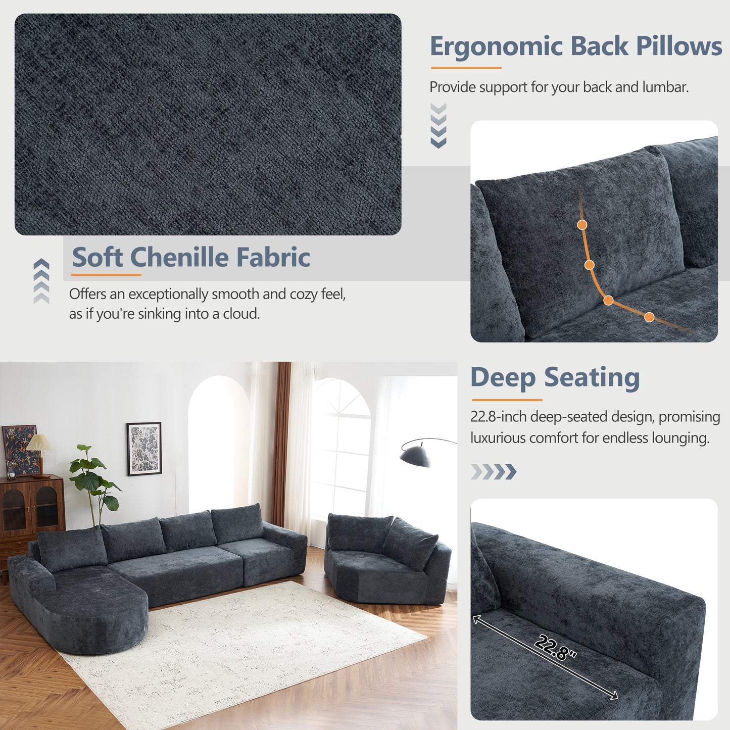 Callan Oversized Modular Sectional Sofa – 139" U-Shaped Chenille Sofa – view 16