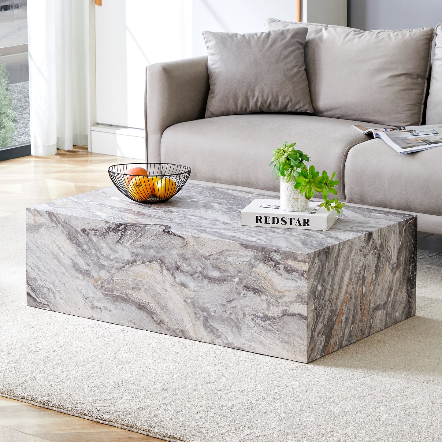 Callan Stone-Pattern Coffee Table – 39" Grey MDF Accent Table – view 2