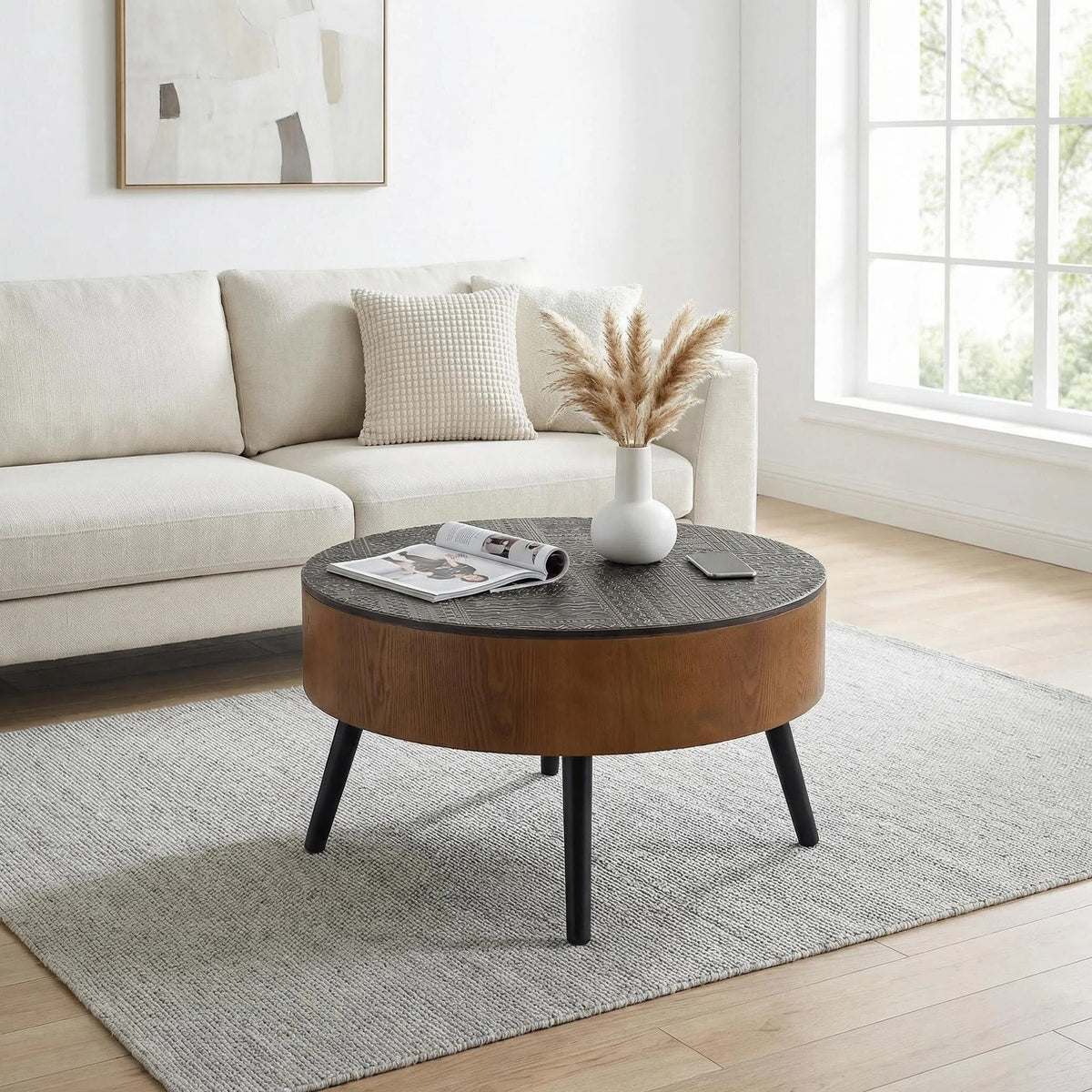 Callum Carved Wood Coffee Table – 31.5" Mid-Century Storage Coffee Table – view 2