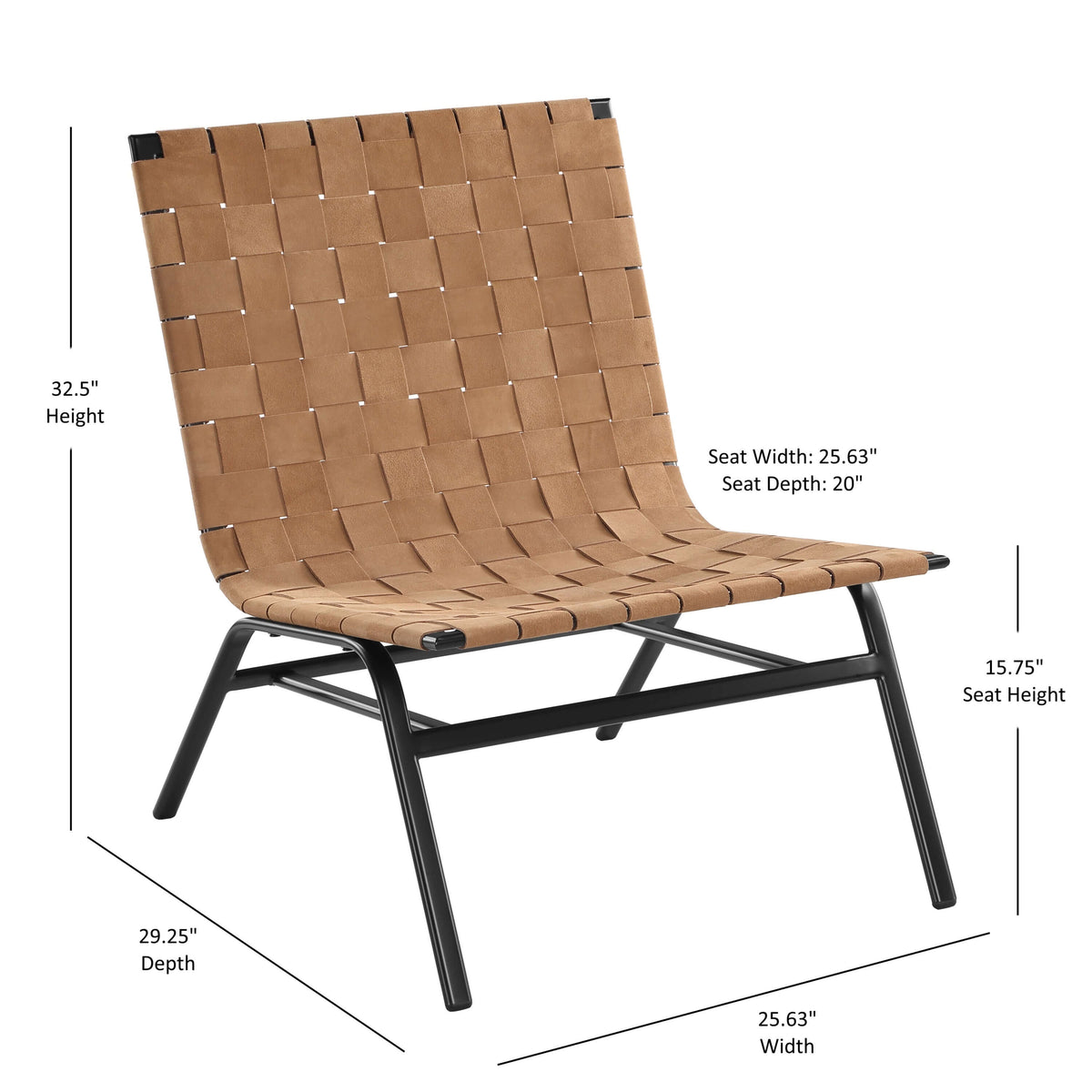 Camden Brown Leather Basket Weave Accent Chair – Modern Armless Leather Chair with measurements and details.