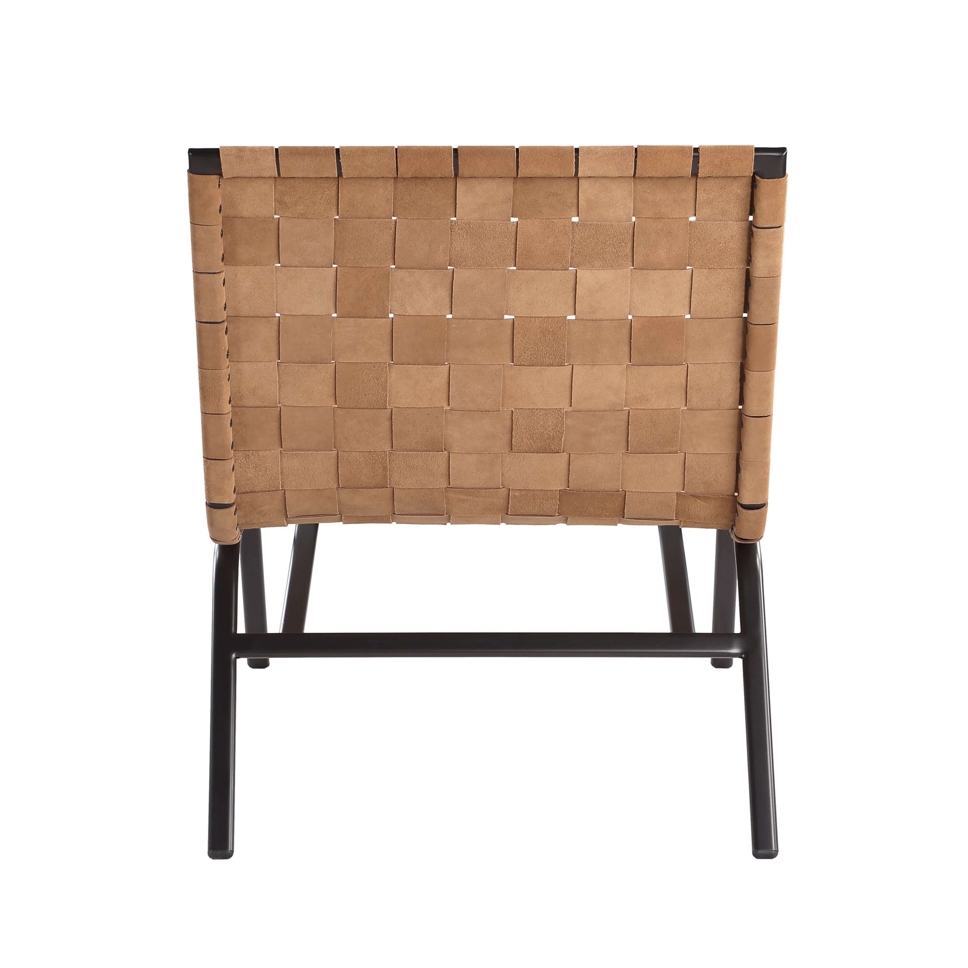 Camden Brown Leather Basket Weave Accent Chair – Modern Armless Leather Chair back view with handwoven leather and metal frame.
