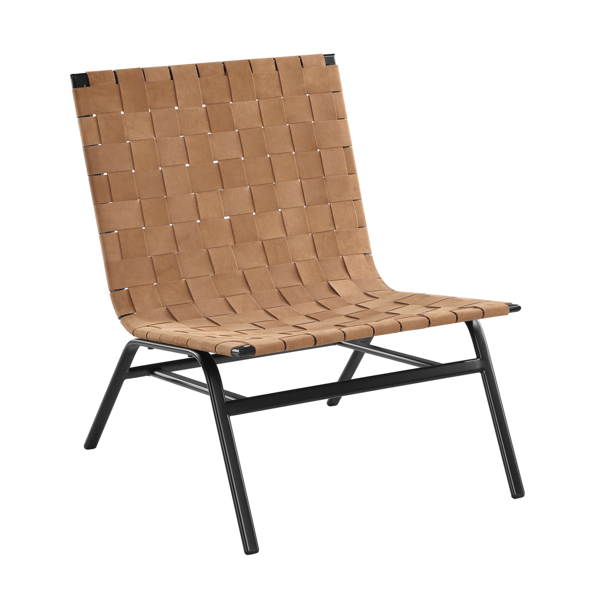 Camden Brown Leather Basket Weave Accent Chair – Modern Armless Leather Chair with handwoven leather and black metal frame.