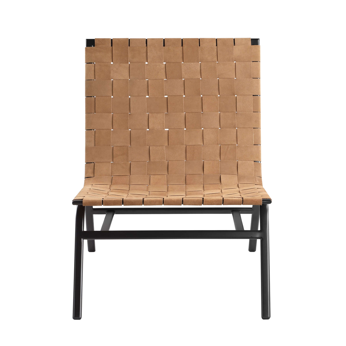 Camden Brown Leather Basket Weave Accent Chair – Modern Armless Leather Chair with handwoven design and metal frame.