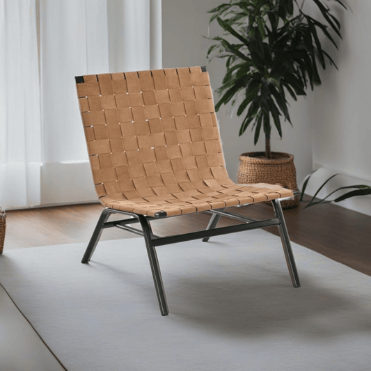 Camden Brown Leather Basket Weave Accent Chair – Modern Armless Leather Chair in a stylish living room setting.