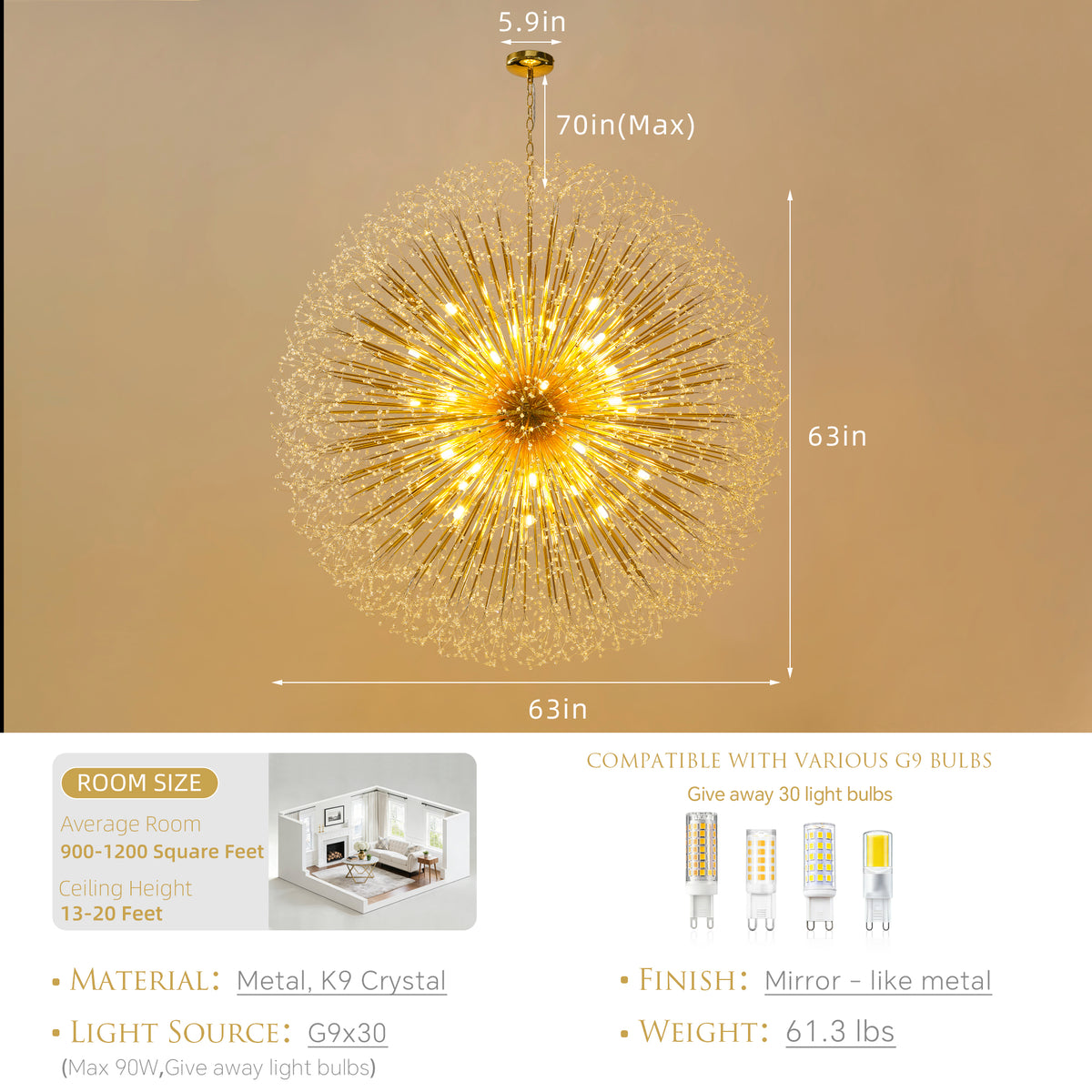 Cavell Crystal Chandelier – 63" Gold Dandelion Sputnik Chandelier – view 11