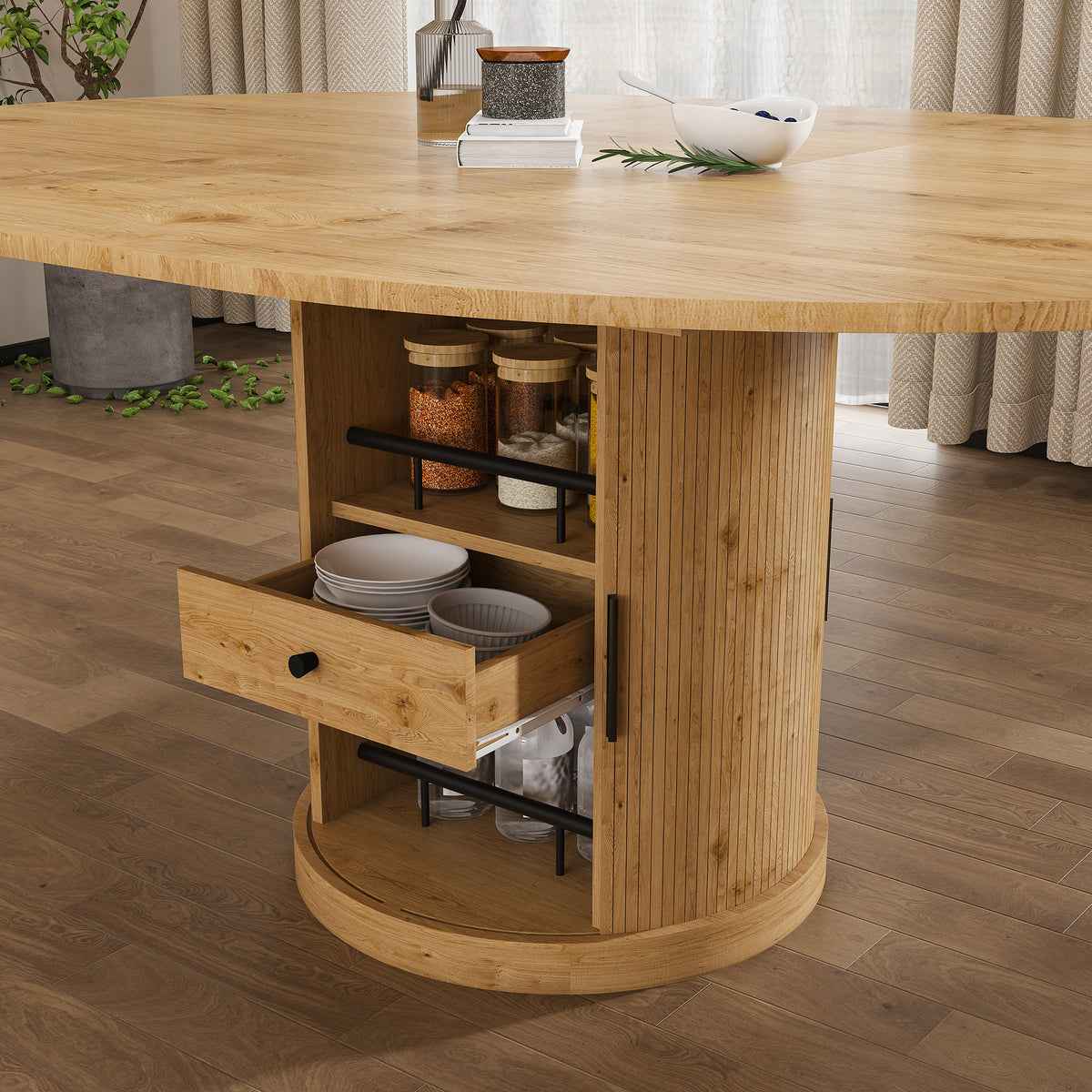 Cavell Oak Extendable Oval Dining Table – 59" Two-Tier Storage Dining Table – view 5
