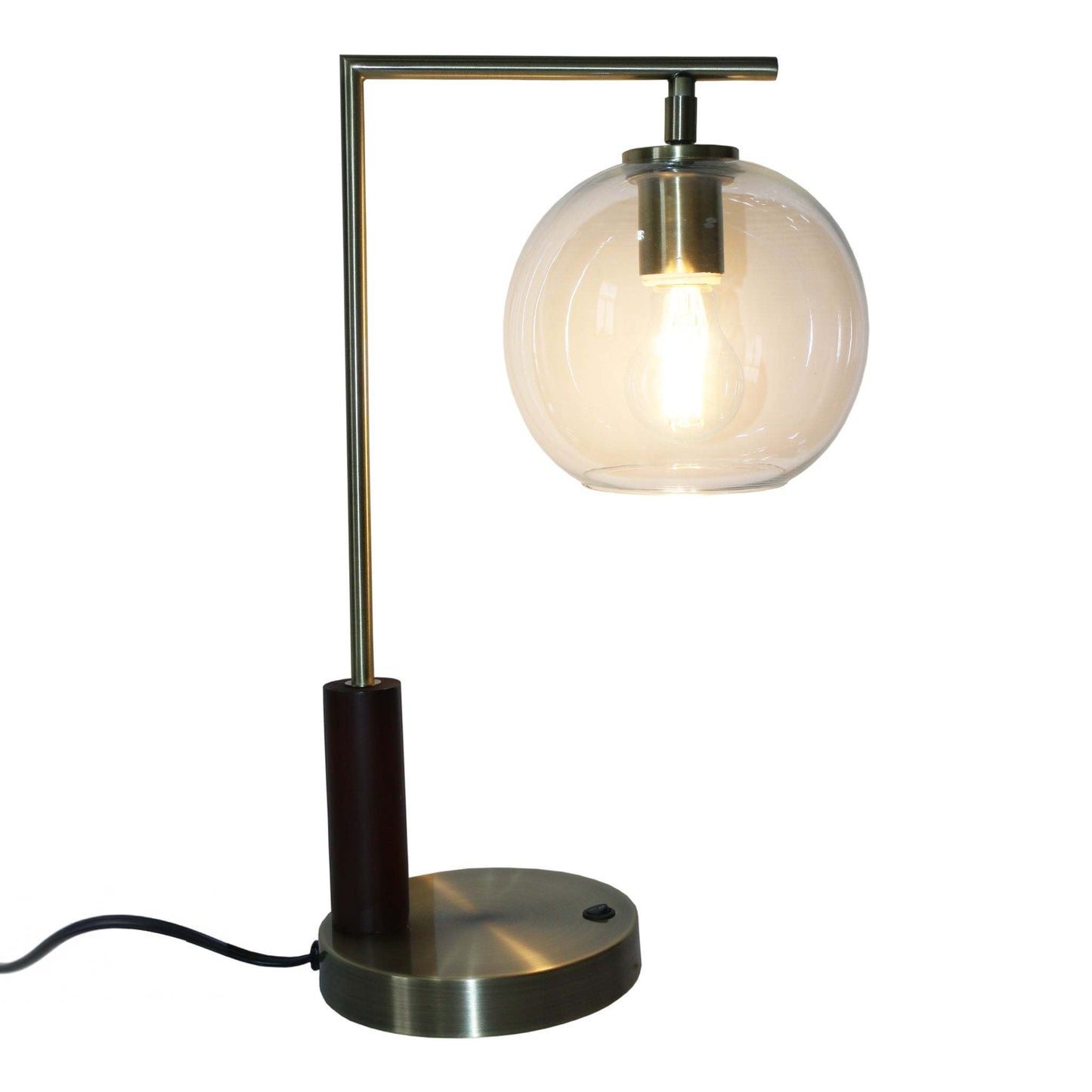 Wade Bronze Metal Table Lamp – 18"H Glass Globe Retro-Modern Lamp with Rubber Wood Base