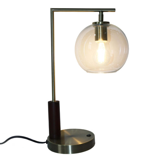 Wade Bronze Metal Table Lamp – 18"H Glass Globe Retro-Modern Lamp with Rubber Wood Base