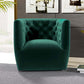 Delaney Tufted Swivel Barrel Chair – Modern Accent Chair (Multiple Colors & Fabrics) in plush green upholstery.