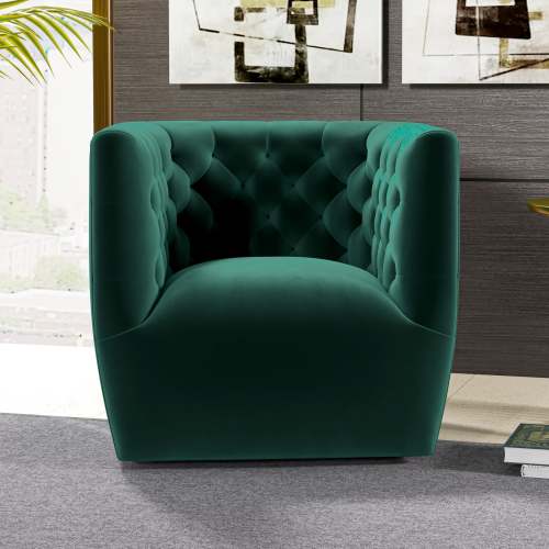 Delaney Tufted Swivel Barrel Chair – Modern Accent Chair (Multiple Colors & Fabrics) in plush green upholstery.