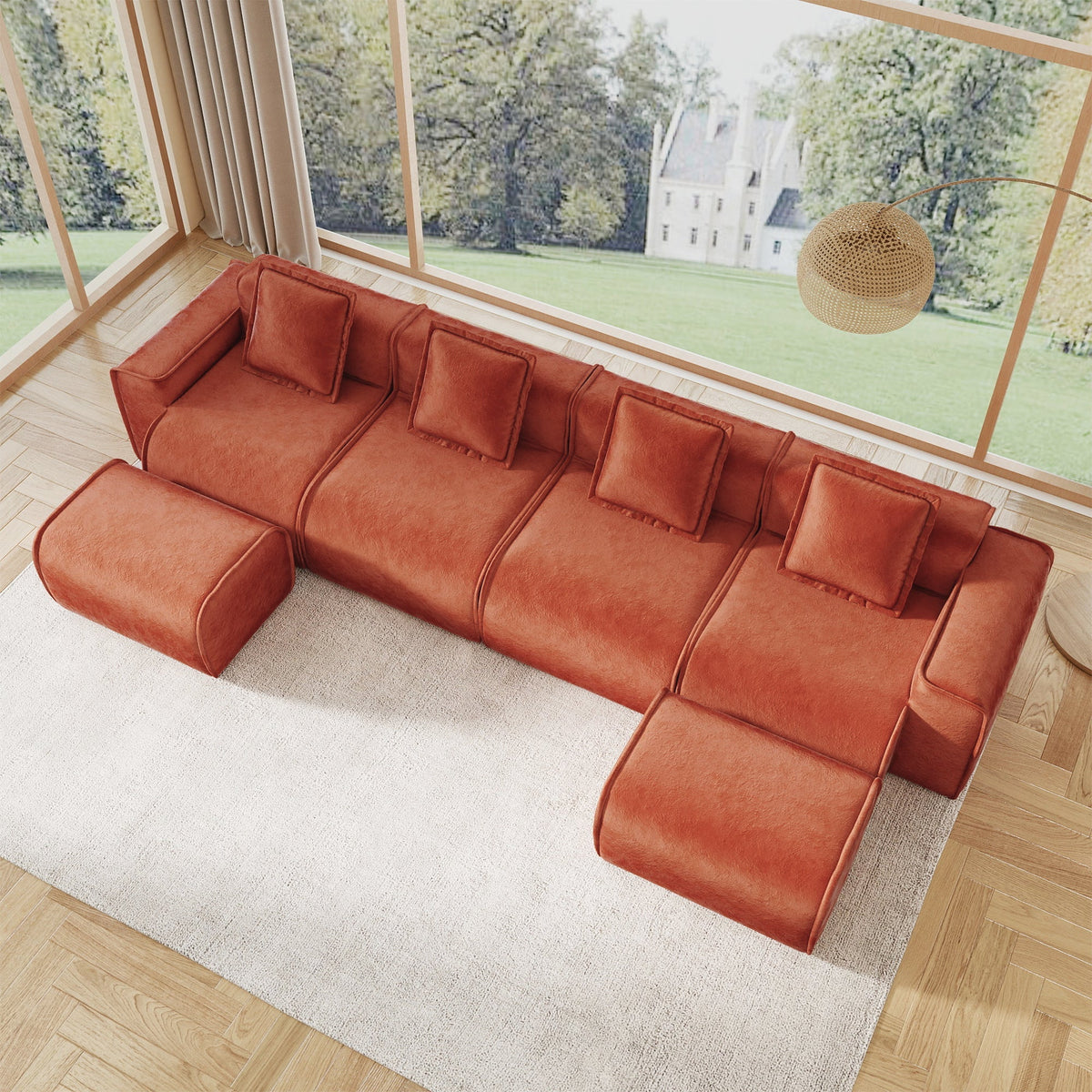 Brisa Velvet Modular Sectional in Red, 4-Seat U-Shape