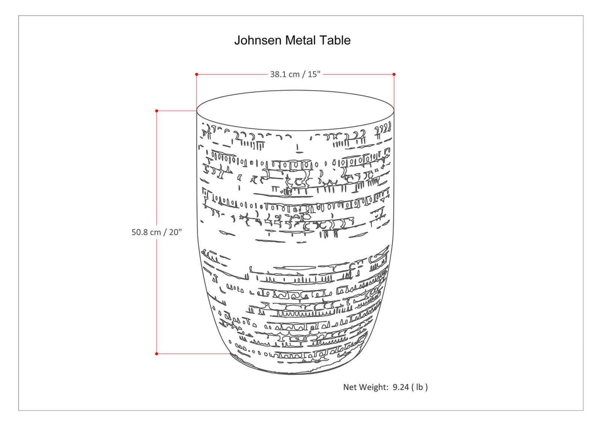 Engraved Antique Copper Round Accent End Table 15W dimensions and details illustration.