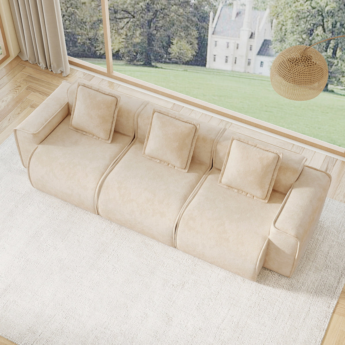 Streamlined Design Deep Seat Modular 3 Seat Boneless Sofa with French Edge Piping,Velvet Fabric Light Camel