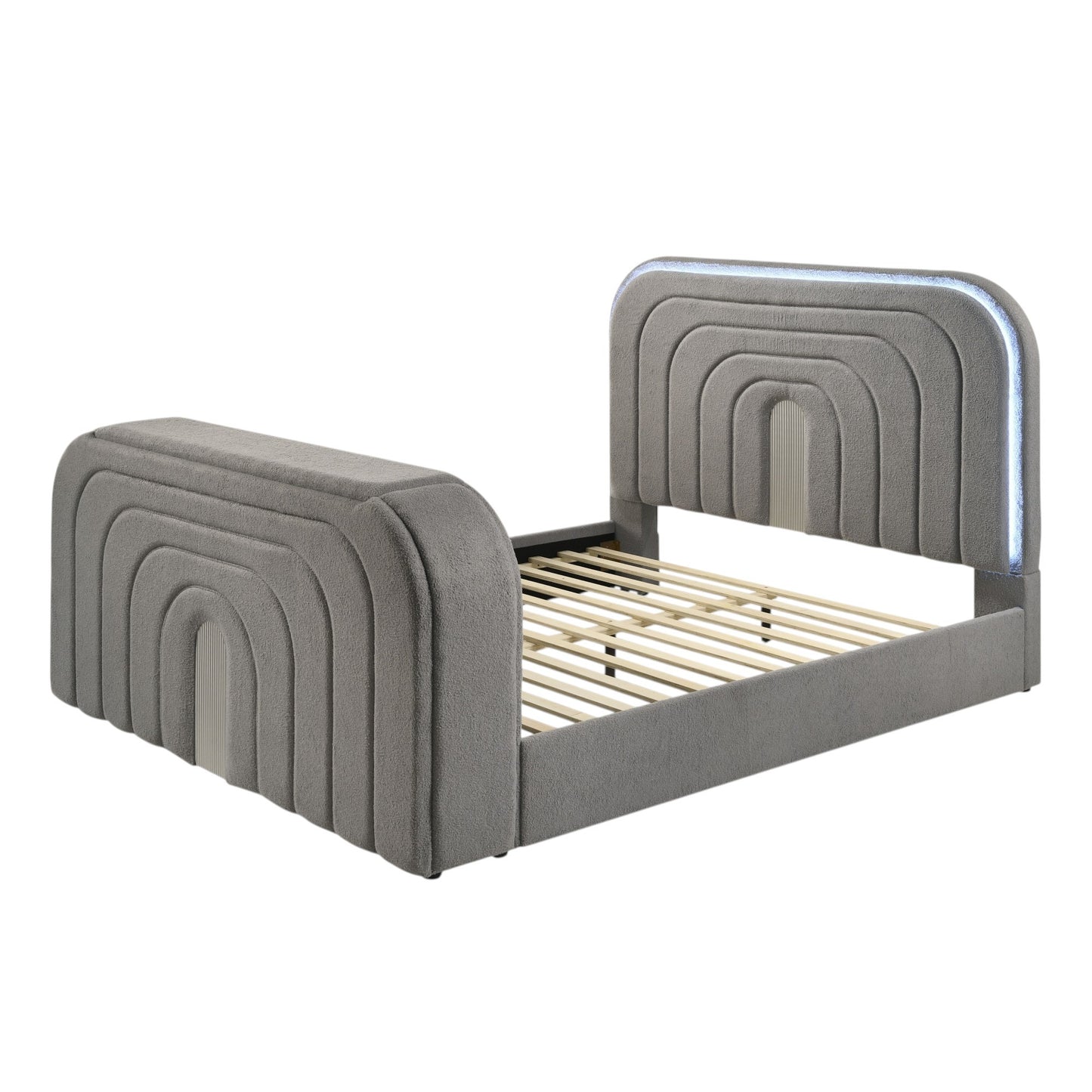 Shelyn Gray Teddy Sherpa & Chrome Queen Bed w/LED, TV Stand, Fireplace & Bluetooth