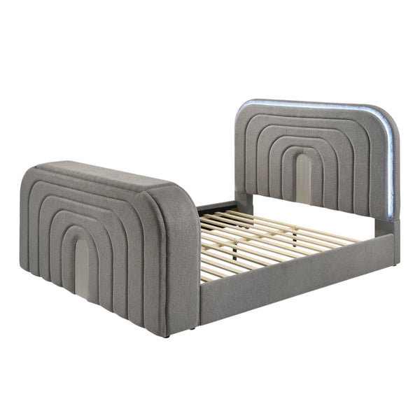 Shelyn Gray Teddy Sherpa & Chrome Queen Bed w/LED, TV Stand, Fireplace & Bluetooth