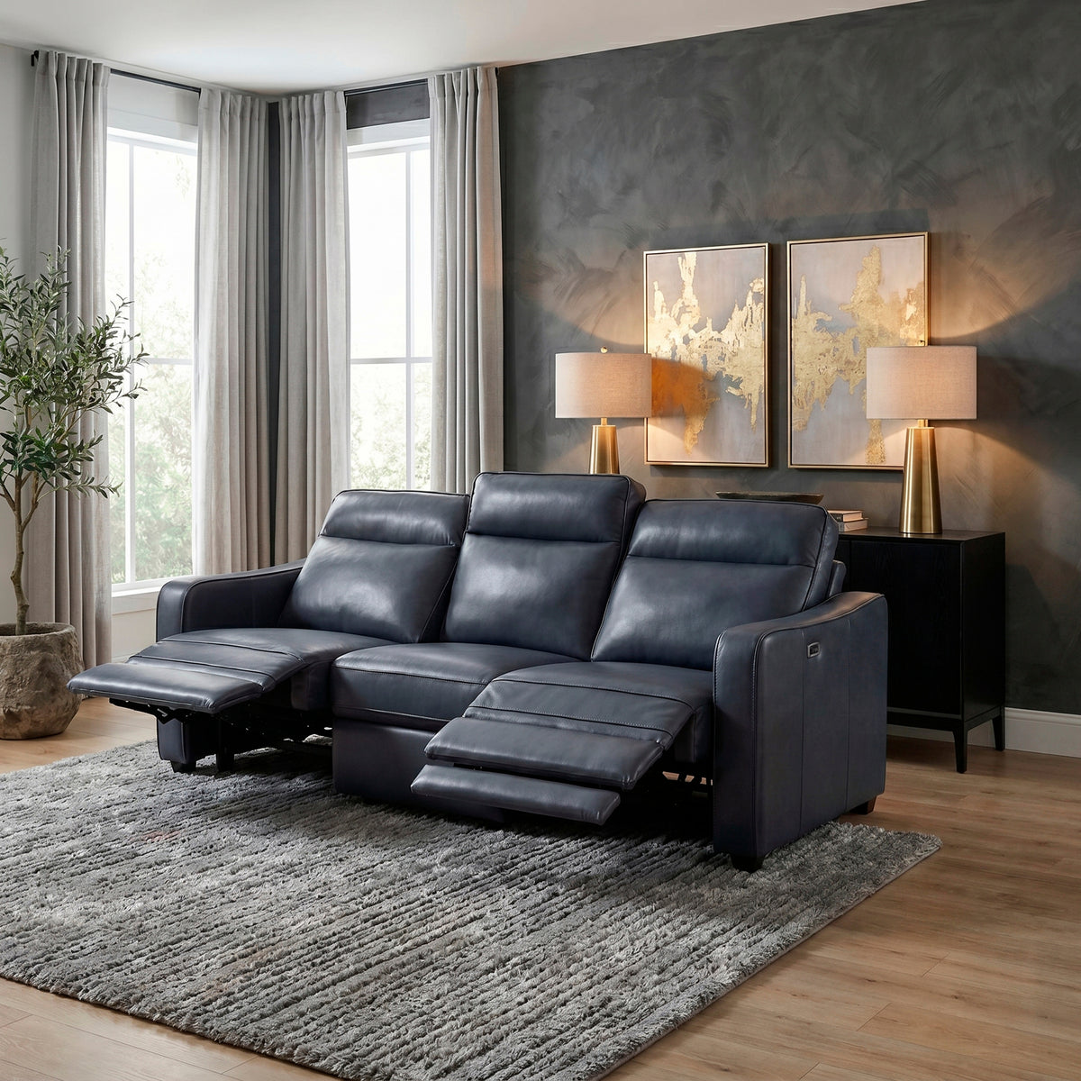 Haddon Navy Faux Leather Power Reclining Sofa
