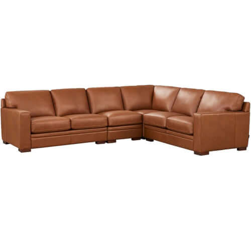 Dillon MCM Leather L-Shaped Corner Sofa Sectional 126 in tan leather, perfect for modern living room aesthetics and comfort.