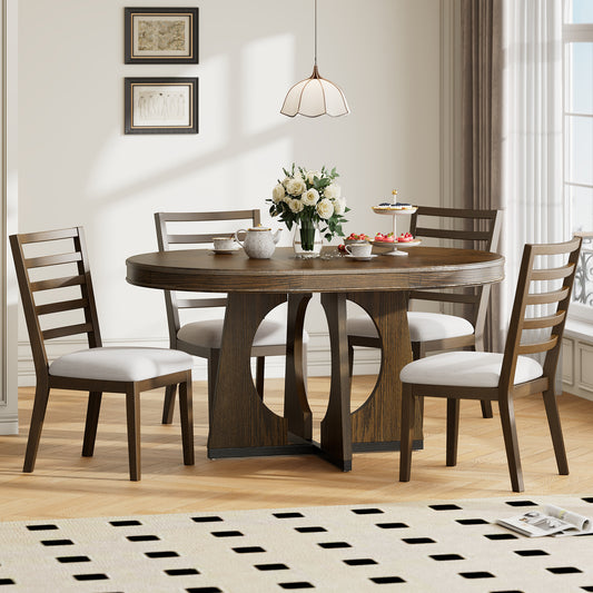 Retro Walnut Wood Table w/ 4 Chairs Dining Set Extendable 42'-58'