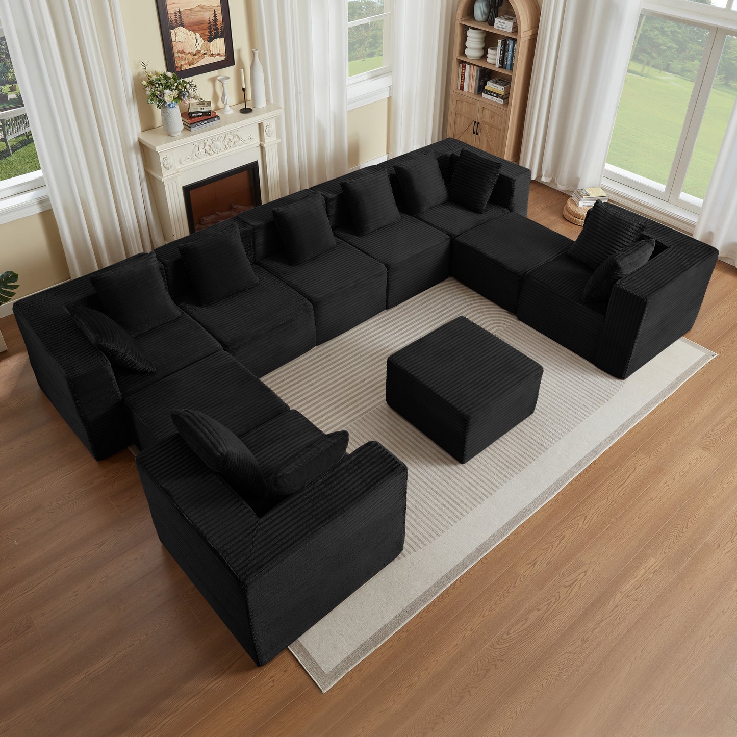 Abernathy Black Corduroy Modular Sofa – 10-Seat Boneless Compressed Couch