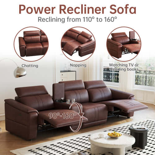 2-Seat Modular Leather Recliner Sofa with Cup Holders 88.5"W – Modern Brown Power Sofa