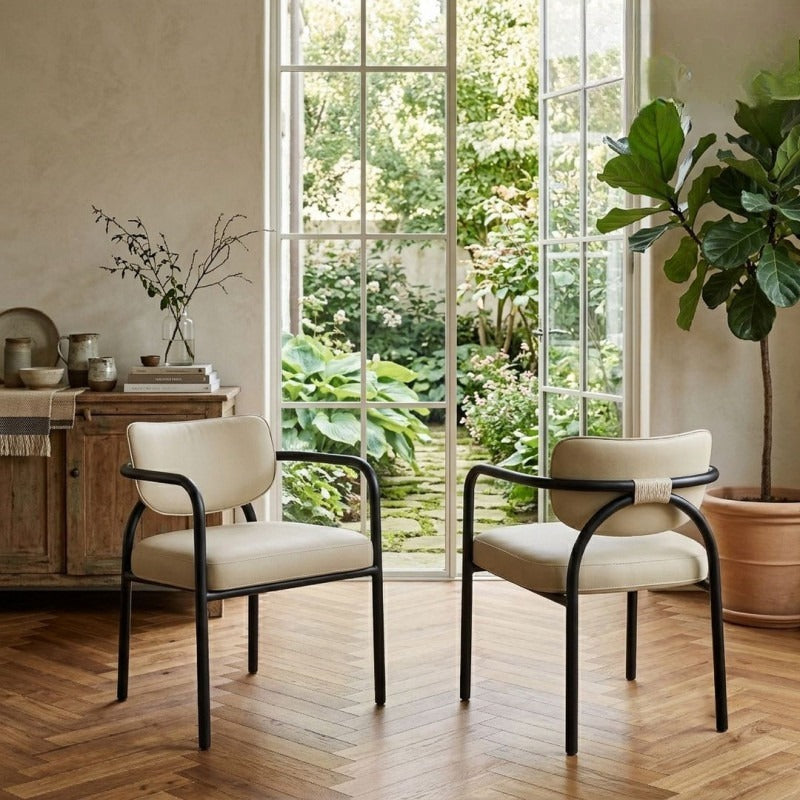 Orson Sand Upholstered Dining Chair – 24" Black Iron Frame Armchair (Set of 2)