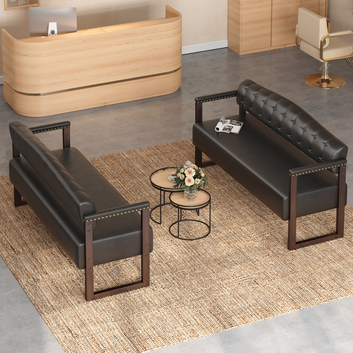 Ludlow Button-Tufted Faux Leather Bench Set in Black