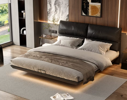 Ivorene Black Faux Leather Platform Bed – 67" Floating Frame with LED Lighting