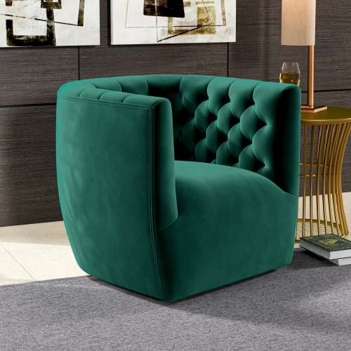 Delaney Tufted Swivel Barrel Chair – Modern Accent Chair (Multiple Colors & Fabrics) in green tufted upholstery.