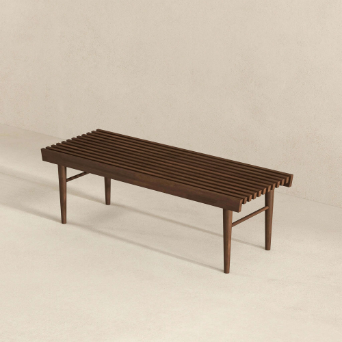 Mia Solid Teak Wood Bench – 47” Slatted Walnut Bench (Mid-Century Modern Accent Seating) showcasing slatted design.