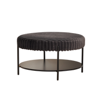 Charcoal Upholstered Round Ottoman Coffee Table Foot Rest with Black Metal Legs and Wooden Open Storage Shelf