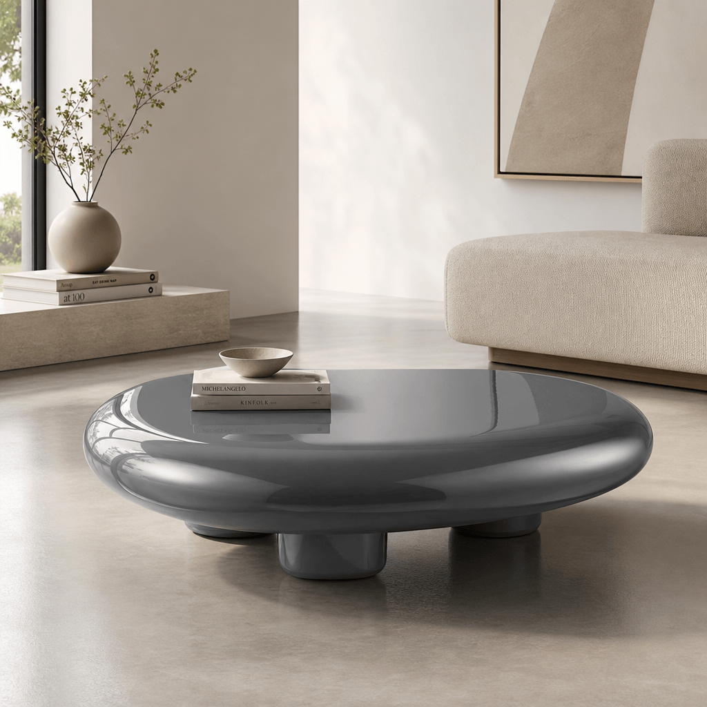 Charlene Gray High Gloss Coffee Table – 46” Contemporary Low Profile Table in a modern living room setting.