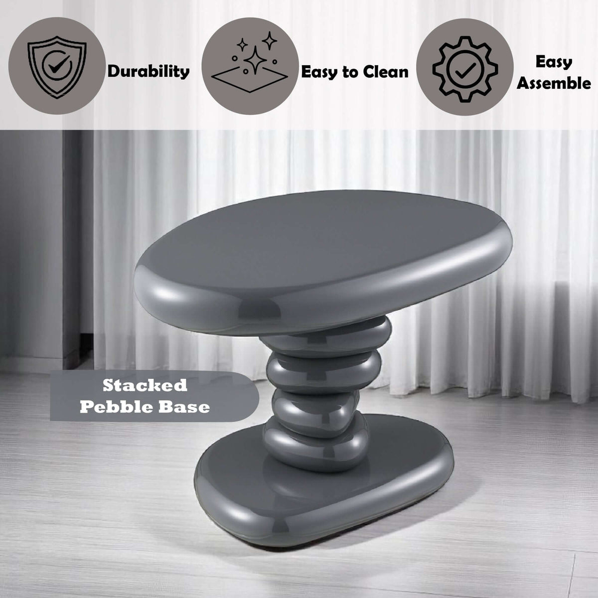 Charlene Gray High Gloss End Table 22"W with stacked pebble base and modern design features
