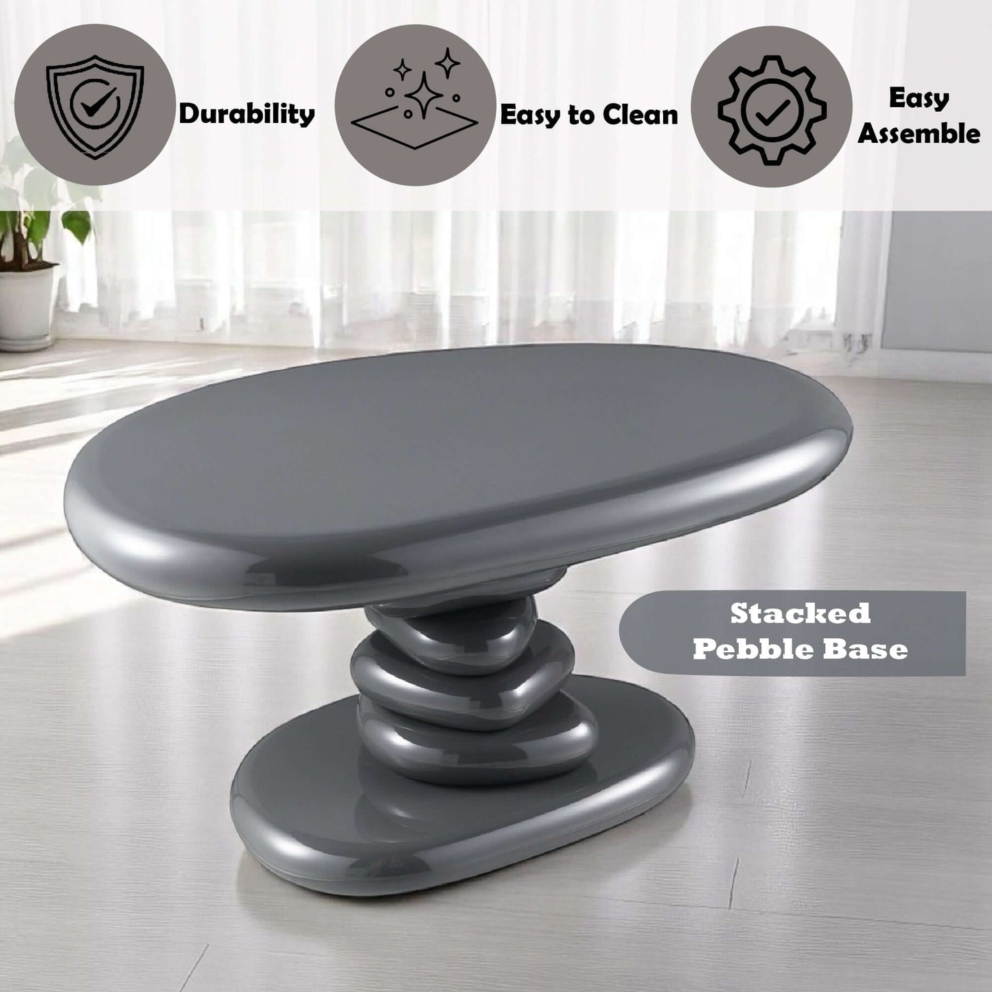 Charlene Gray High Gloss End Table showcasing modern design with stacked pebble base and easy to clean surface.