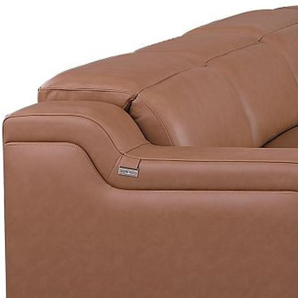 Chestnut Italian Leather Power Reclining U Shaped ten Piece Corner Sectional With Console close-up view of soft leather upholstery.