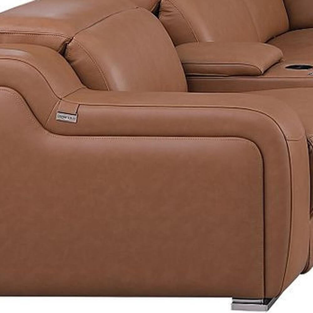 Chestnut Italian Leather Power Reclining U Shaped Twelve Piece Corner Sectional With Console close-up of armrest detail