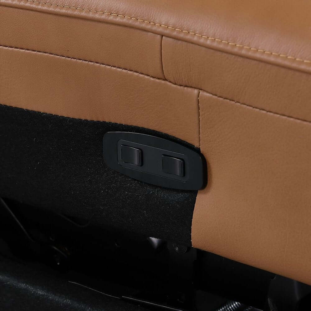 Chestnut Italian Leather Power Reclining U Shaped Twelve Piece Corner Sectional With Console power reclining button detail