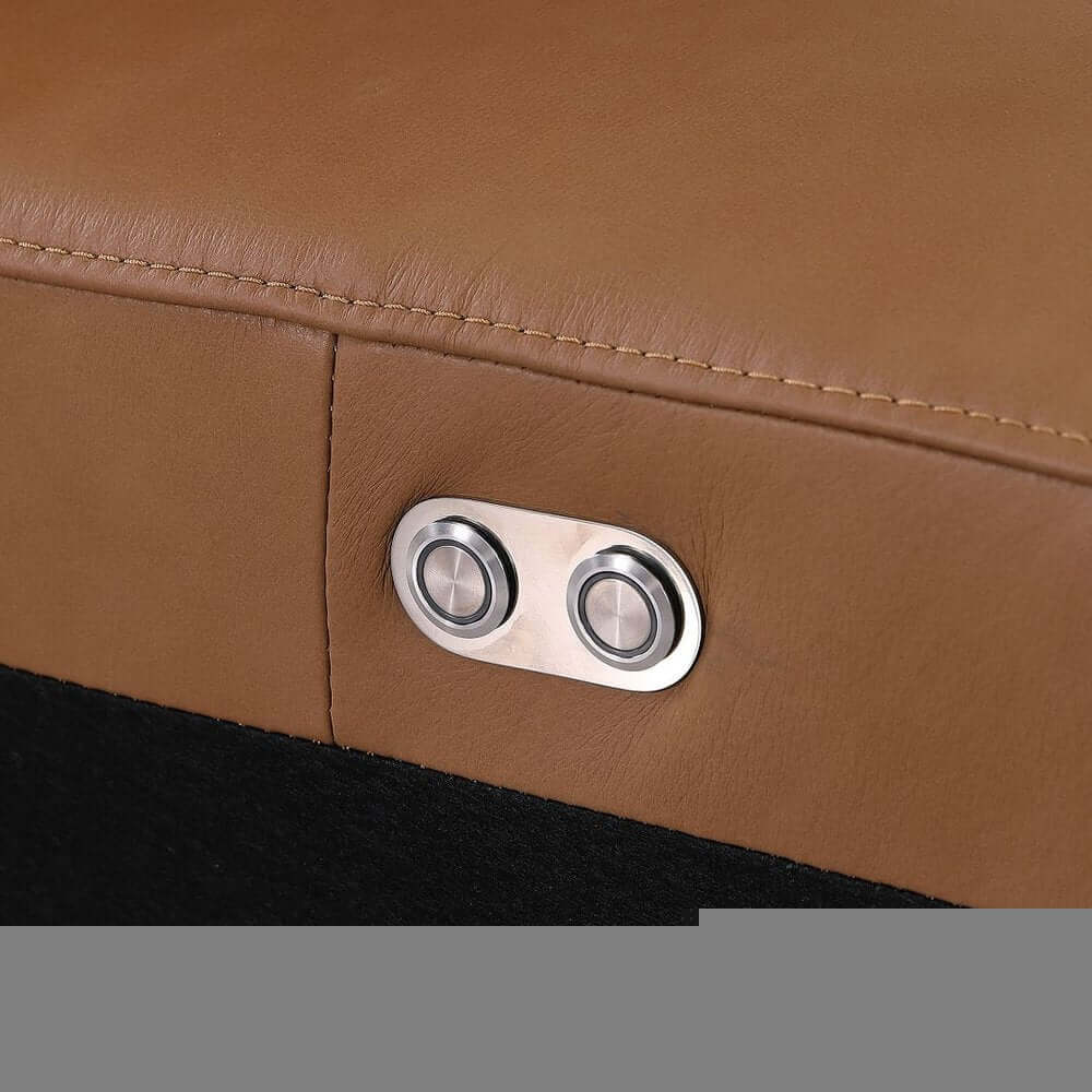 Chestnut Italian Leather Power Reclining U Shaped Twelve Piece Corner Sectional With Console recline buttons close-up.