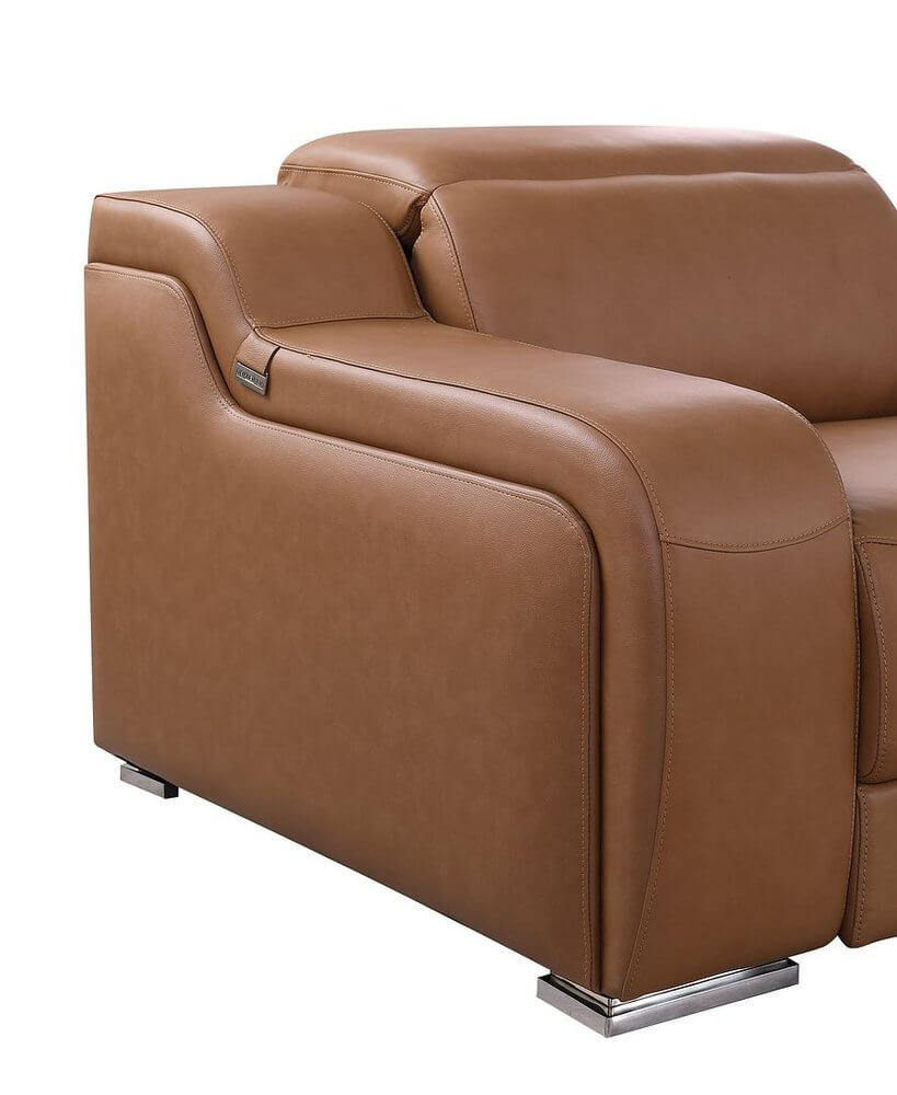 Chestnut Italian Leather Power Reclining U Shaped Twelve Piece Corner Sectional With Console close-up of arm